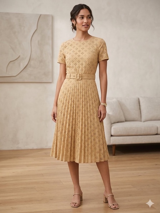 Ann Taylor Dresses & Skirts - Ann Taylor Mustard Pleated Eyelet Midi Dress